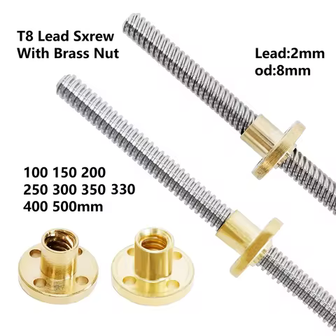 T8 Lead Screw With nut OD 8mm Lead 2mm Pitch 2mm 100mm 200mm 300mm 400mm 500mm Lead Screw With Brass