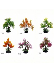 1入組迷你樹木水族箱裝飾,塑料水族槽植物,仿真花草,人工水生植物