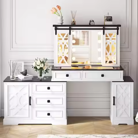 Vanity Desk with Mirror and Lights, Farmhouse Makeup Vanity with Jewelry Armoire Cabinet Storage, Wh