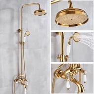 Polished Gold Brass Exposed Shower Faucet 8 Inch Rainfall Shower Head Set with Tub Spout Bathroom Shower System Wall Mount ZD3100