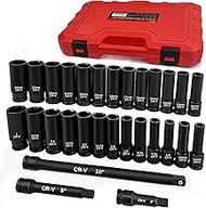 WETT 1/2" Drive Impact Socket Set, 29 Piece Deep Socket with Extension Bar, Cr-V Steel, SAE & Metric