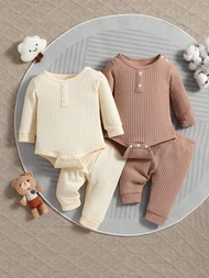 嬰兒男寶寶長袖褲套裝,純色款,2件套,家居服裝