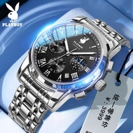PLAYBOY นาฬิกาข้อมือผู้ชายแท้กันน้ำ 2024 แฟชั่นปฏิทินลำลองนาฬิกาควอทซ์หน้าปัดส่องสว่างสายสแตนเลส watch