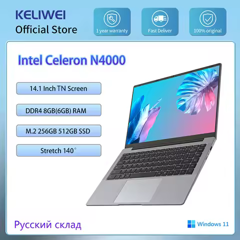 KELIWEI Windows 11 Laptop 14.1 Inch HD Display Intel Celeorn N4000 Notebook DDR4 6GB 256GB SSD 140° 