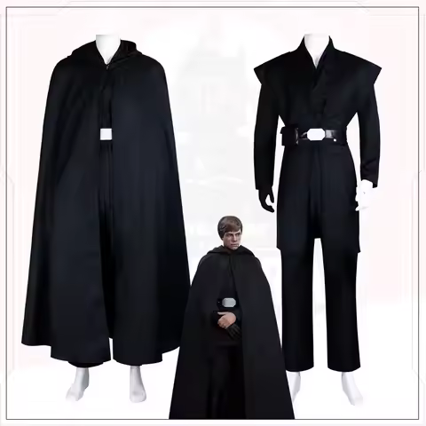 Luke Skywalker Cosplay Costume Luke Black Battle Suit Top Pants Cloak Full Set Outfits for Men Hallo