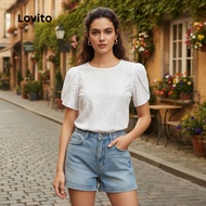 Lovito Casual Blouse Embroidery Eyelet Spring/Summer White for Women L137ED545