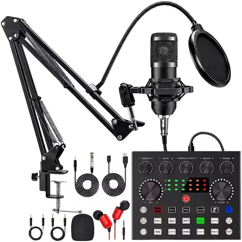 Podcast Microphone Bundle with BM800 Microphone and V8 Sound Card Double-Layer Pop Filter for Laptop