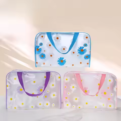 1pc Daisy Print Handbag Portable Beach Wash Bag Large Capacity Makeup Bag PVC Swimming Bath Bag Clot