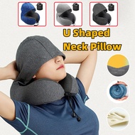 U Shaped Neck Pillow with Hood Memory Foam Headrest Pillow Travel Pillow Head Rest Neck Support with Detachable Hood
