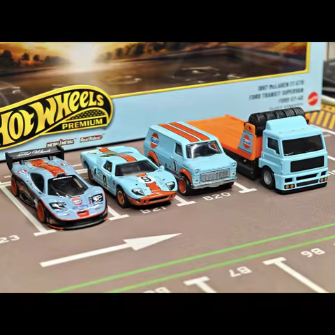 Hot Wheels Premium Gulf Diecast Car Set GMH39 9C7F 1997 McLaren F1 GTR Ford GT40 Ford Transit Superv