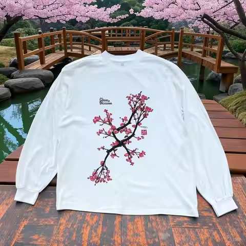 Vintage Y2K Cherry Blossom Graphic Long Sleeve Tee Unisex White Oversized TShirt with Pink Floral Br