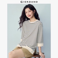 GIORDANO Women T-Shirts 100% Cotton Striped High-Low Hem Tee Crewneck 3/4 Sleeve Fashionable Casual 