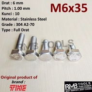 M6x35 Stainless Steel Hex Bolt 304 Grade A2-70 Pitch 1.00 Key 10 M6