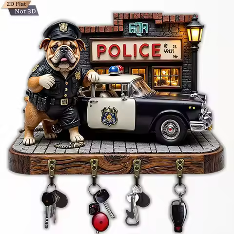 2D flat key holder with police bulldog and vintage patrol car print, four hooks, cute cop themed wal