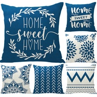 [READY STOCK] 1 Piece Linen Pillow Case Square "Sweet Home" Blue Geometric Pattern Cushion Pillow Cover  40x40/45x45/50x50/60x60cm Home Decor