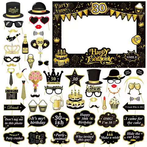 35pcs Black and Gold Birthday 18th,21st,30th,30th,40th,50th,60th paper photobooth prop and Frame for
