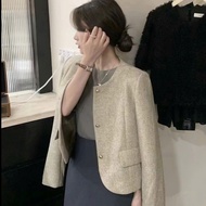 Miuna women's tweed short round neckJacket - Korean style copper button office jacket - AK 74