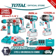 Total 3 Pcs Brushless Combo Impact Drill 96Nm + Rotary Hammer 28mm + Impact Wrench 850Nm TOSLI250281