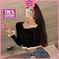 Áo khoác cardigan croptop tay dài nữ OZENKA , ao crt ôm body dệt kim len gân đẹp 100% cotton đen trắng free size