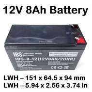 New UPS Battery 12V 8Ah 20hr 12 Volts 8 Ampere Rechargeable Valve Regulated Lead Acid (VRLA) Battery
