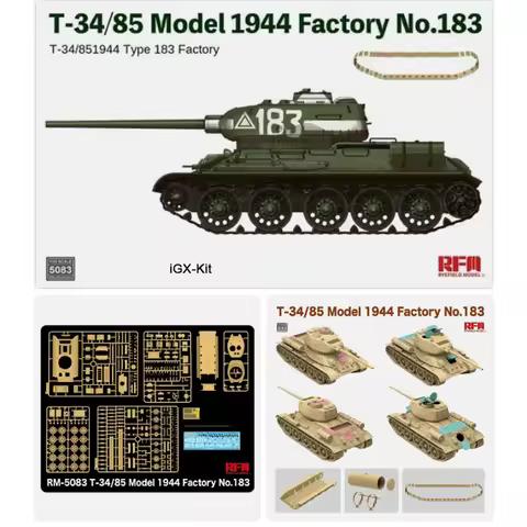 Rye Field 5083 1:35 Scale T34 T-34 T-34-85 T-34/85 Tank 1944 Factory No.183 Vehicle Plastic Assembly