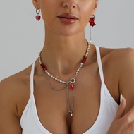 FAST SHIP Y2K Red Crushed Stone Heart Necklace Color Block Punk Aesthetic Grunge Chain Choker Sweet 