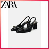 ZARA spring new women's shoes black square toe slingback block heel high heels