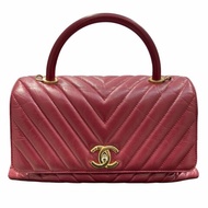 CHANEL 香奈兒 COCO HANDLE 中號山形紋手把口蓋包 小牛皮 桃紅色 金扣