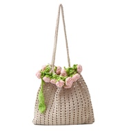 MENGAI Crochet Rose Bouquet Weave Bag Bohemian Cotton Rope Rose Beach Bucket Bag Creative Rustic Kni