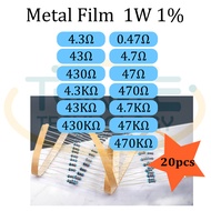 Resistor 1W Metal Film 4.3, 43, 430, 4.3K, 43K, 430K, 4.7, 47, 470, 4.7K, 47K, 470K ohm 1W 1% 30 Uni