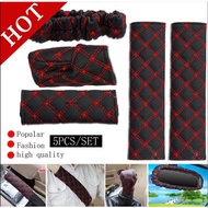 5 in 1 Car Seat Belt Shoulder Pad Gear Knob Rear Mirror Cover Red Line DAD Universal Axia Alza Saga 
