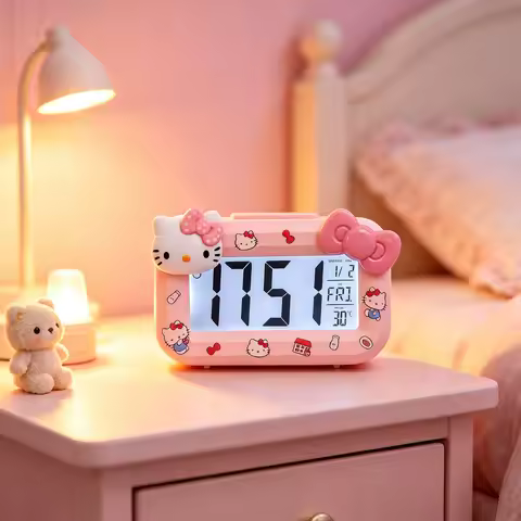 Hello Kitty Kawaii Pink Digital Alarm Clock LED Display Multi functional Cute Cartoon Desktop Portab