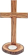 Olive Wood Table Alter Cross (8 Inch), Wood Standing Plain Cross with ‘Candle Holder Base’