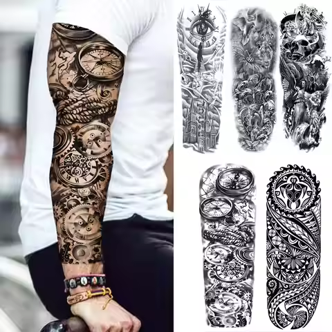 Compass Robot Arm Temporary Tattoos Sleeve For Men Women Realistic Fake Skull Angel Full Arm Tatoos 