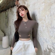 สไตล์ใหม่ด้านในแขนยาวสั้นกระชับ bottoming เสื้อผู้หญิงสไตล์ตะวันตก slim-fitting crop top เสื้อยืด