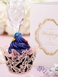 12入組藝術烘焙杯蛋糕卷，雷射切割空心蝴蝶和藤蔓包邊，蕾絲裡襯杯子蛋糕支架，適用於婚禮、派對和生日裝飾
