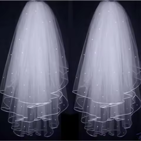 Three Layers Ribbon Edge Wedding Veil Pearls White Ivory Short 3 Layers Bridal Veil