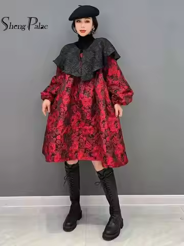 SHENGPALAE Elegant Dress Women Korean Tide 2024 Autumn Peter Pan Collar Contrast Long Sleeve Knittin