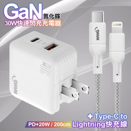 HANG 30W雙孔 氮化鎵GaN快充USB+Type-C 超快充電器-白+20W高密編織 Type-C to iP PD快充充電線2米-灰線