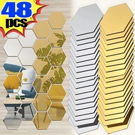 48Pcs Hexagonal Acrylic Mirror Wall Sticker Mini Mirror Solid Paster Self-adhesive Decals Home Bedroom Art Decoration