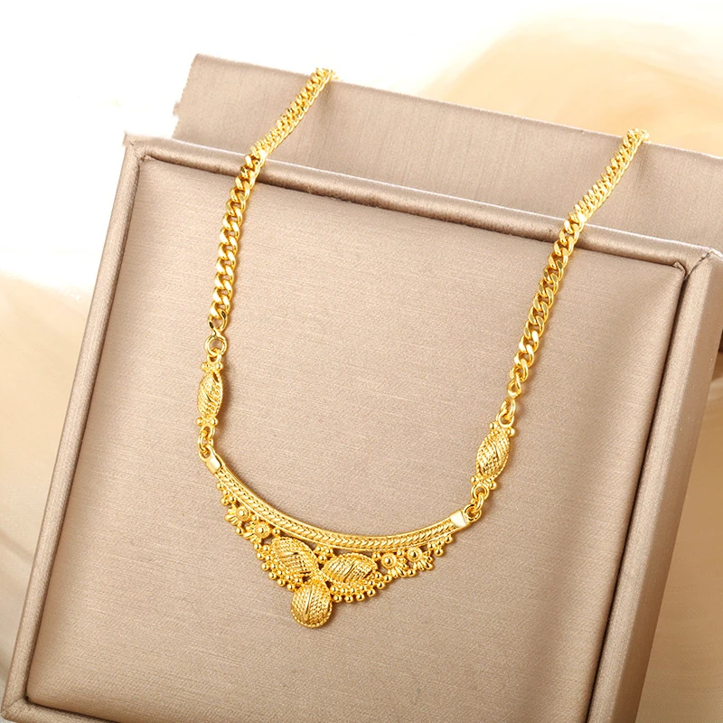 new 24K real gold Dubai color bridal necklace female au9999 Fashion vintage senior sense collars fem