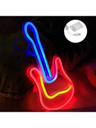 1入組超酷吉他造型LED霓虹燈牆燈，27*13.5cm，USB或電池供電，適用於臥室裝飾、表演派對、工作室、酒吧、餐廳、俱樂部、節日裝飾，是男孩和女孩的完美禮物
