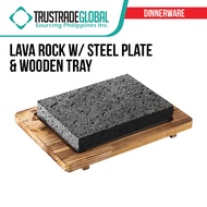 3in1 Wagyu Stone Lava Rock w/ Steel Plate and Wooden Tray Multi-Purpose Cooking Sizzling Hot Stone
