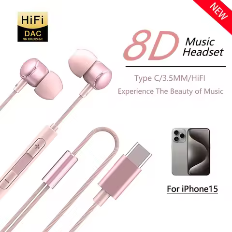 8D Wired Earphones Type C 3.5MM High Definition Headset For iPhone 16 15 Samsung S25 S24 S23 Xiaomi 