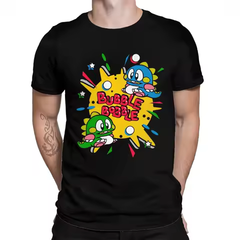 Asian Size 70s 80s Arcade Game Bubble Bobble T-Shirt Men 100% Cotton Short Summer Sleeve Casual Plus