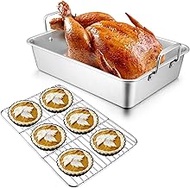 Leonyo Roasting Pan with Rack, 16 Inch Turkey Roasting Pan &amp; Cooling Rack, Large Stainless Steel Baking Pans Non Stick Roaster Pan with Wire Rack for Cooking Ham, Cake, Lasagna, Casserole