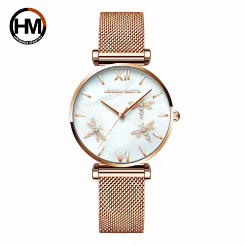 2021 New Dragonfly Design White Oyster Scallop Dial Japan Quartz Ladies Watch Akoya Pearl Shell Stai