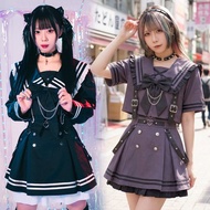 原創地雷系闇夜甜心短版長袖領結水手服JK制服高腰短裙套裝JJ2560