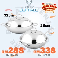 BUFFALO 28cm/32cm 3-ply SUS304 Honeycomb Wok Flat Bottom Wok With Stainless Steel Lid (No Coating) 牛