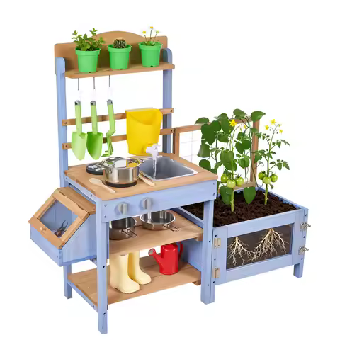 SucceBuy Mud Kitchen Wood Play Kitchens with Planting Box Critter Catcher Container Sink Cookware Po